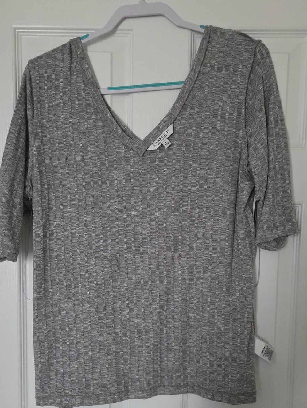 Liverpool Gray Textured V-Neck Short Sleeve Top
